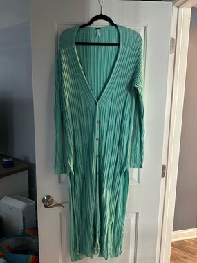 Free People Green/Blue Ribbed Knit Maxi Cardigan